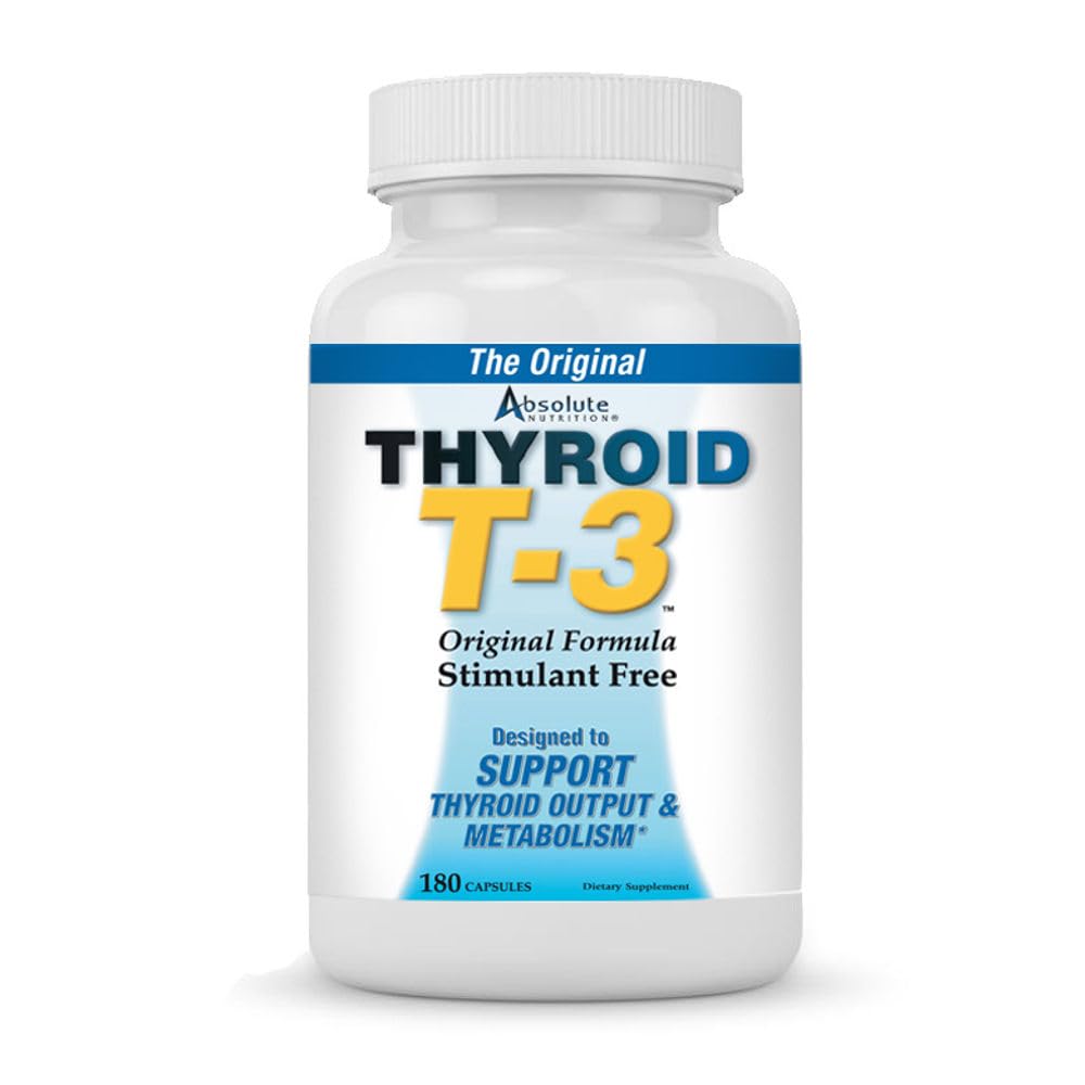 Bottle of Absolute Nutrition Thyroid T-3 Support capsules on white background