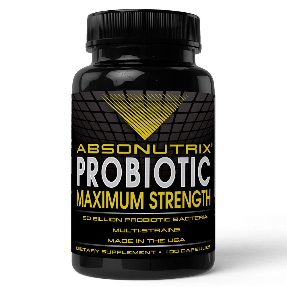 Absonutrix Probiotic maximum strength bottle label showing 50 Billion CFU per capsule and 100 capsules