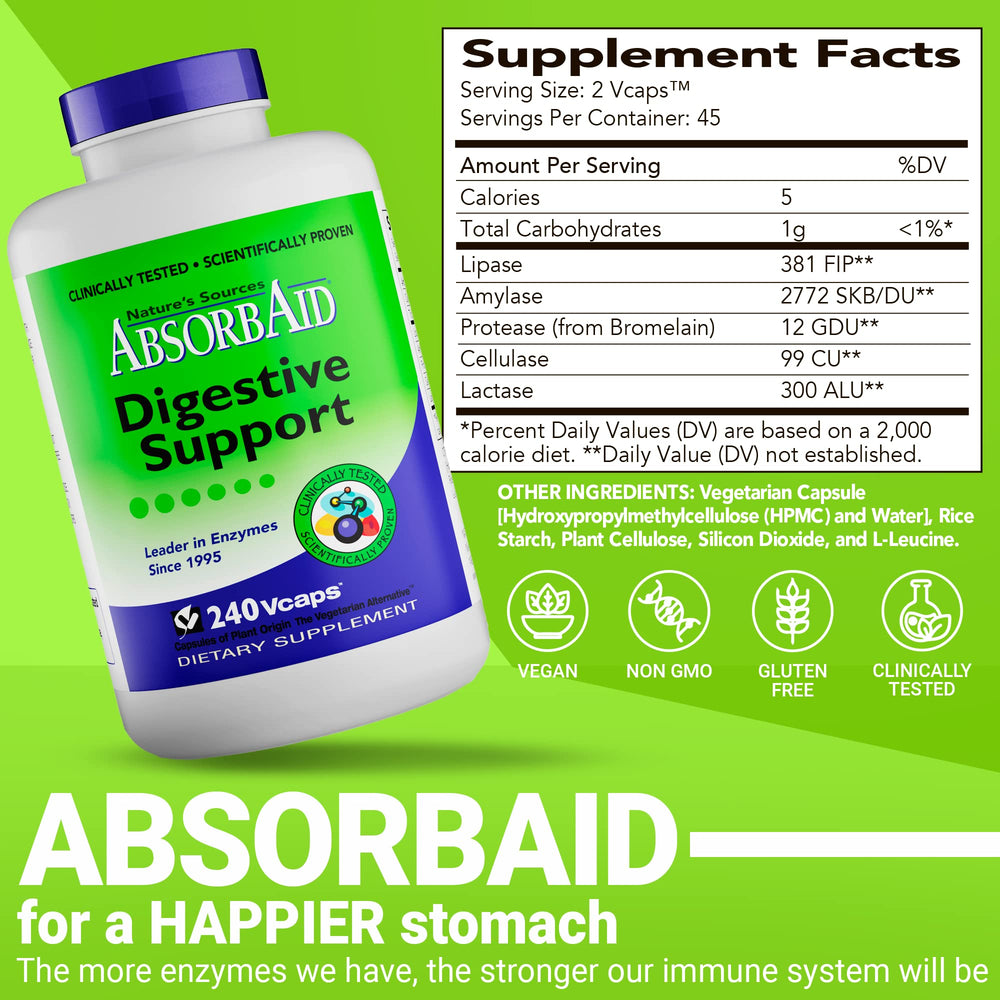 AbsorbAid digestive enzyme capsules scattered on surface
