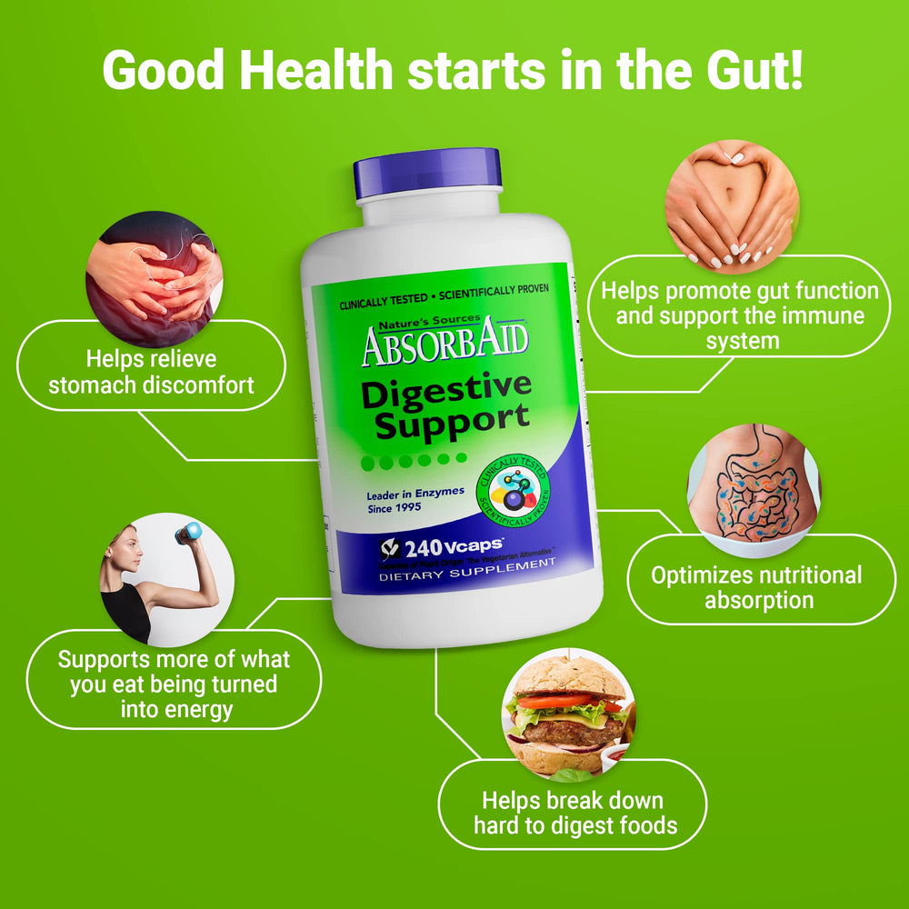 AbsorbAid packaging highlighting plant-based enzymes