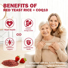 Ingredients panel highlighting plant sterols and policosanol with red yeast rice and CoQ10