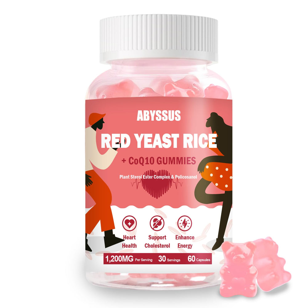 ABYSSUS Red Yeast Rice 1200mg Gummies with CoQ10 bottle and label close-up
