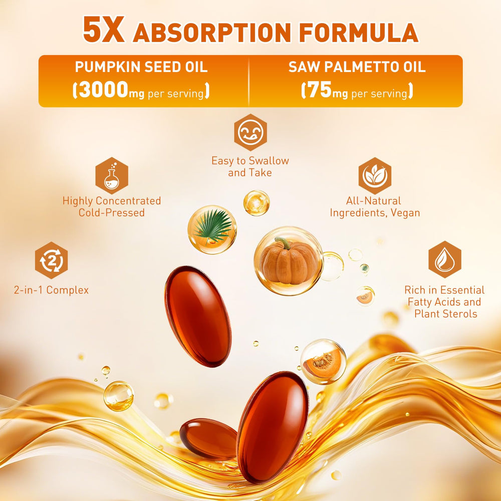 Close-up of ingredients: pumpkin seeds and saw palmetto extract