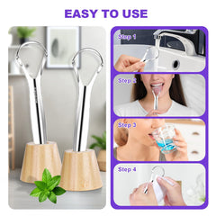 Easy-clean process; tongue scraper being cleaned under soapy water