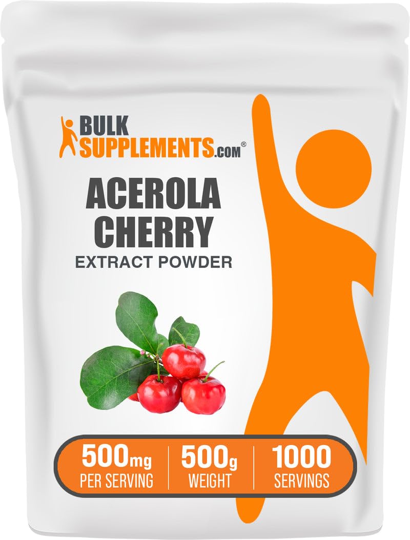BulkSupplements Acerola Cherry Extract Powder bottle labeled 500 g
