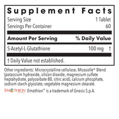 Product label for Acetyl-Glutathione 100 mg hypoallergenic formula