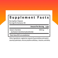 Close-up of acetyl-L-carnitine bottle label showing 500 mg