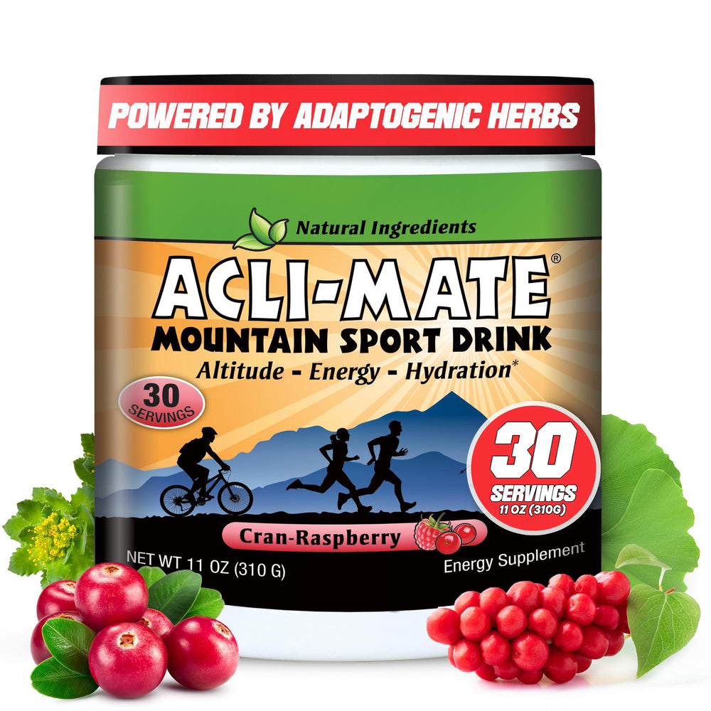Front view of Acli-Mate Mountain Sport Drink Mix Cranraspberry tub