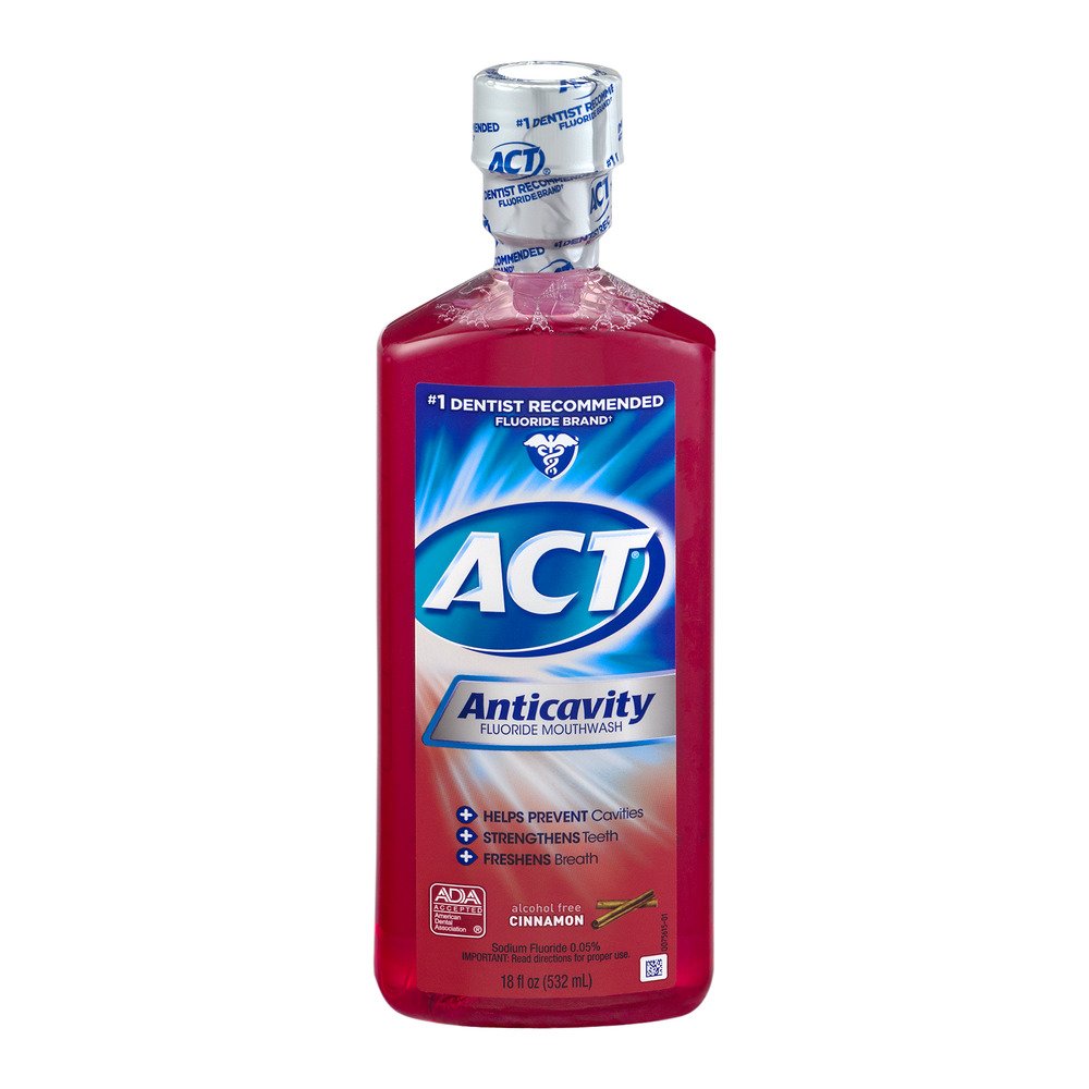 ACT Cinnamon Anticavity Fluoride Mouthwash bottle, 18 oz, pack of 6