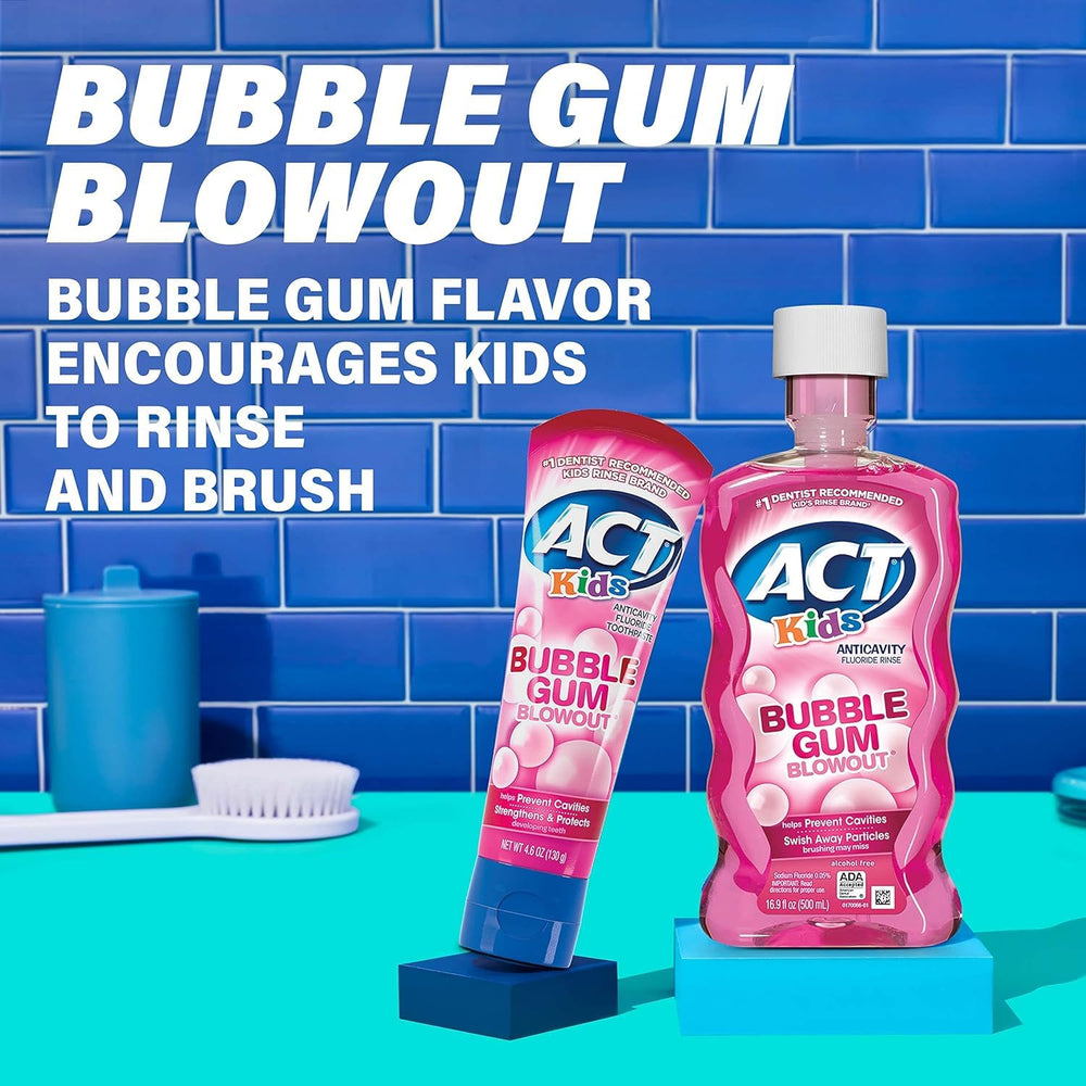 Close-up of ACT Kids Bubblegum Blowout Anti-Cavity Rinse bottle