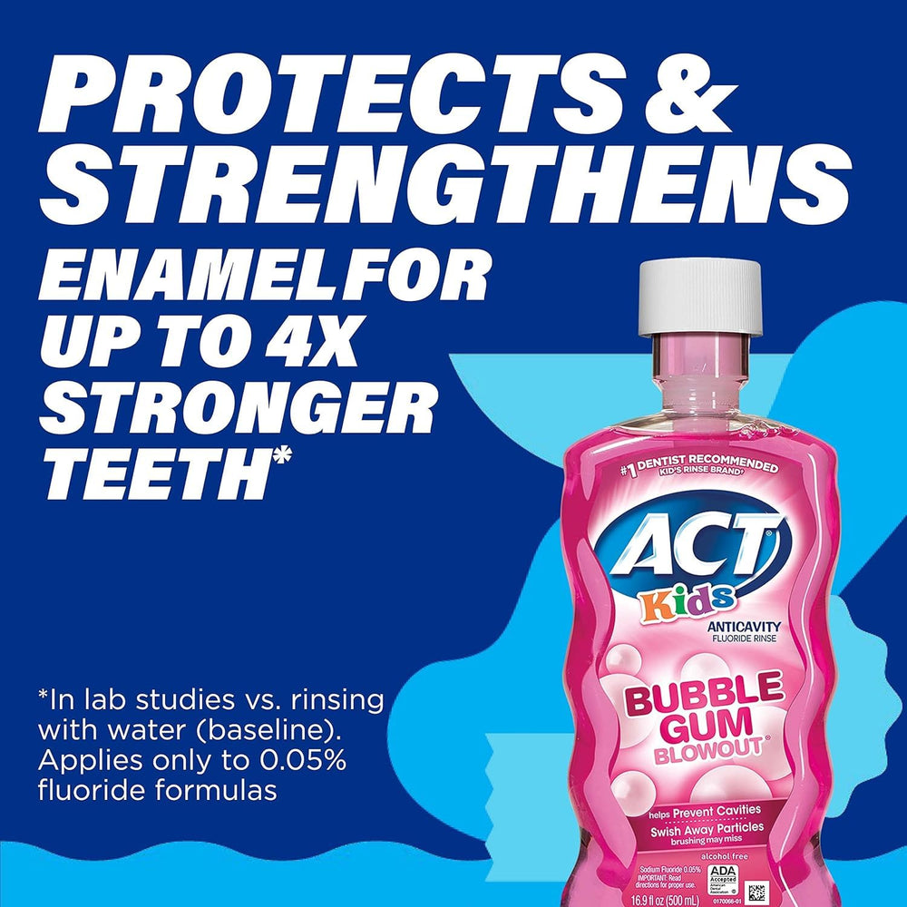 Kid-friendly dosing cup included with ACT Kids Bubblegum Blowout rinse