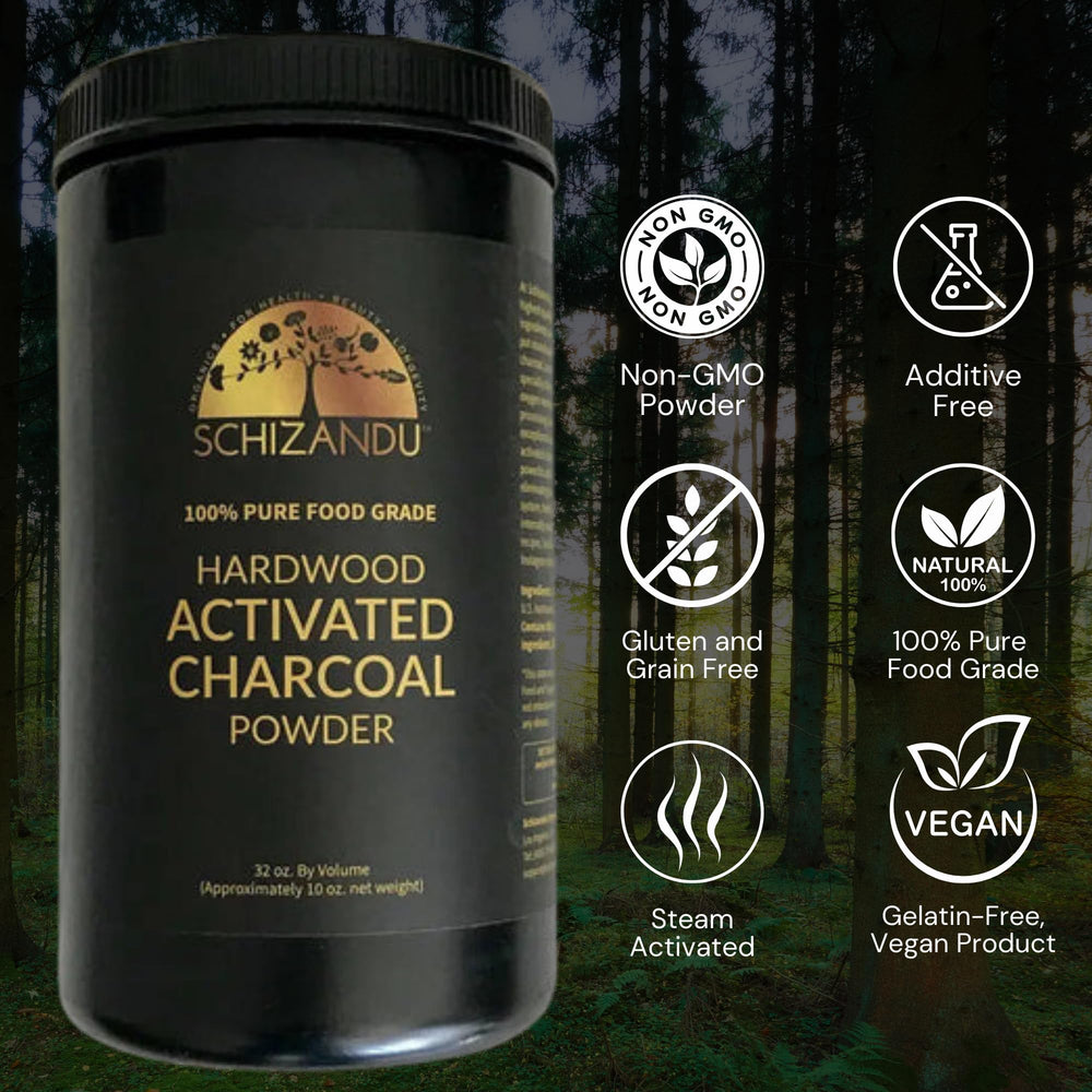Close-up of fine, black activated hardwood charcoal powder