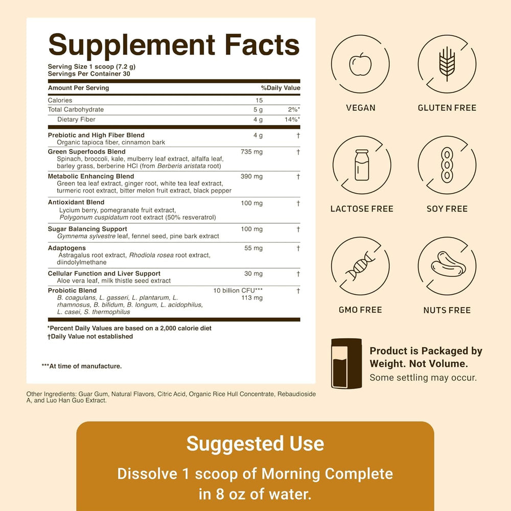 Close-up of prebiotics and probiotics ingredients in Morning Complete