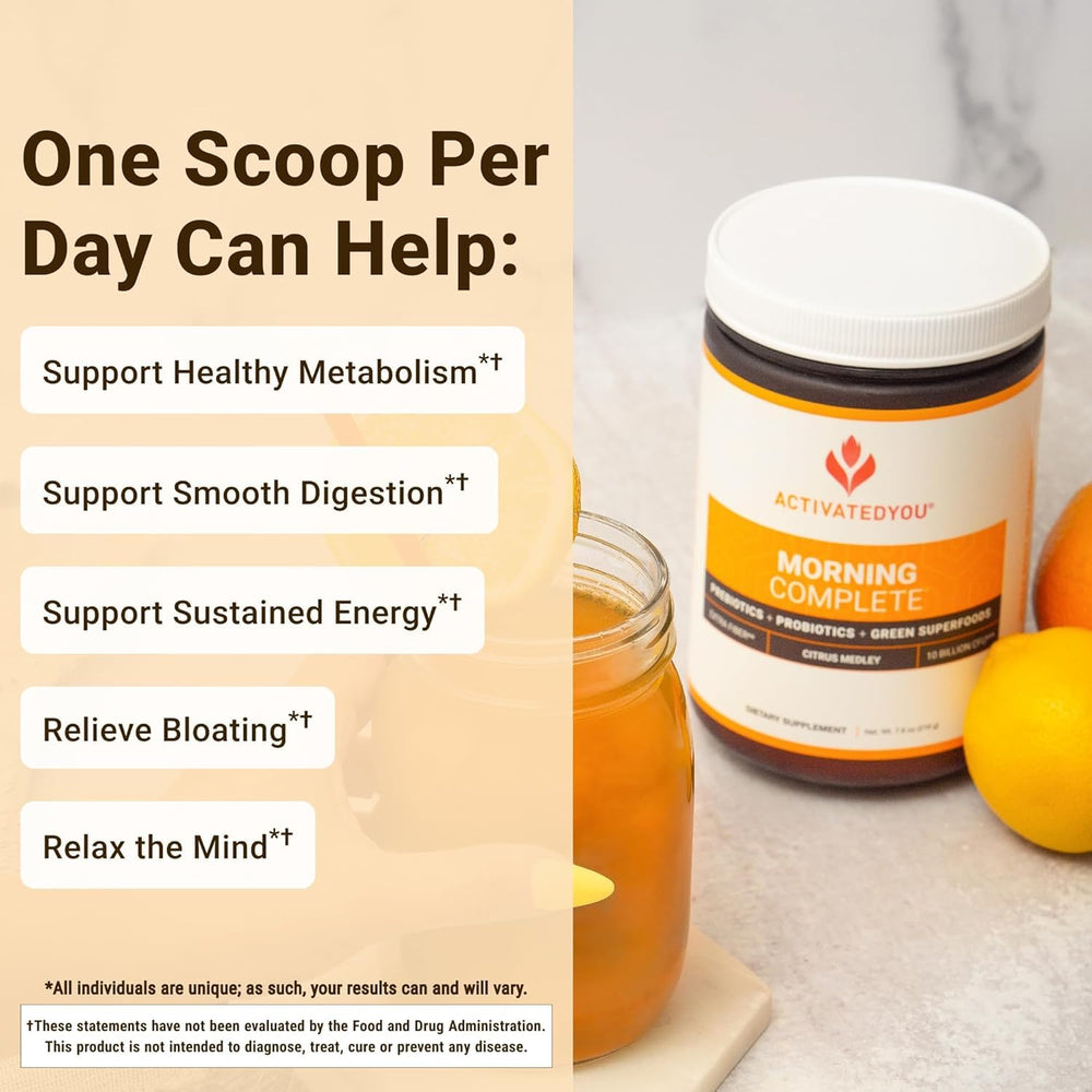 Product label on ACTIVATEDYOU Morning Complete 3-pack Citrus Medley bottle