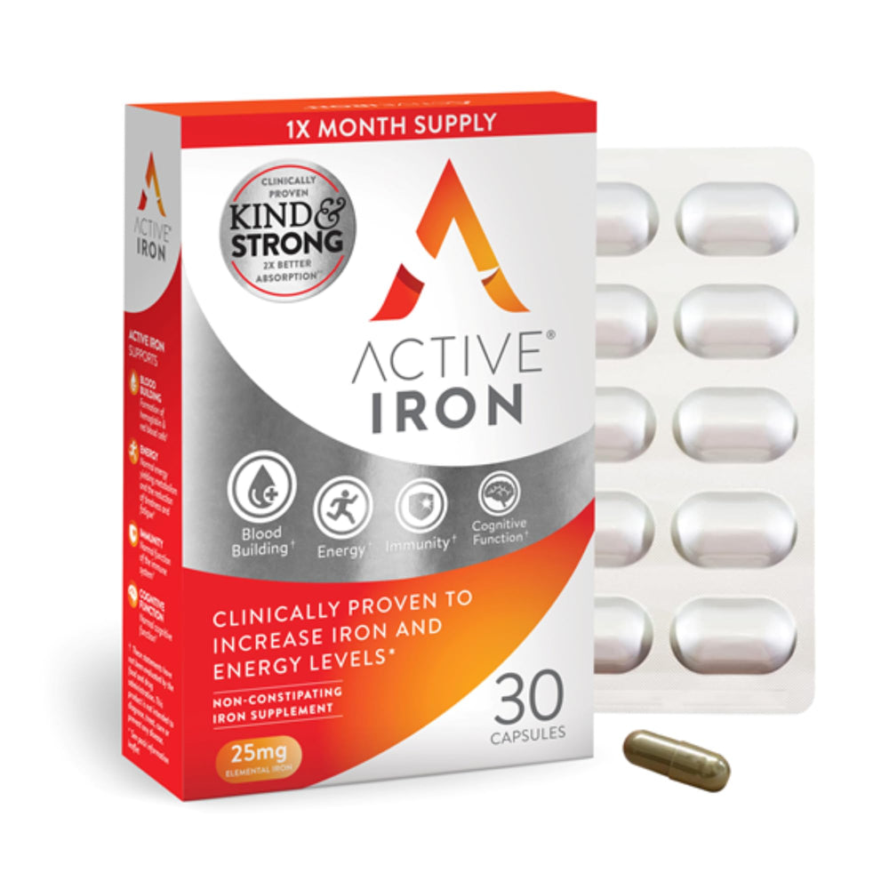 Front view of Active Iron 25mg bottle with 30 capsules
