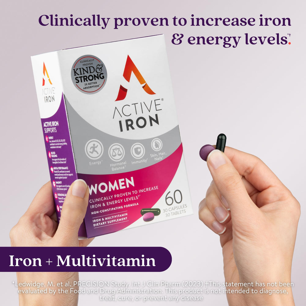 Packshot showing Active Iron and Women's Multivitamin capsules - image 1