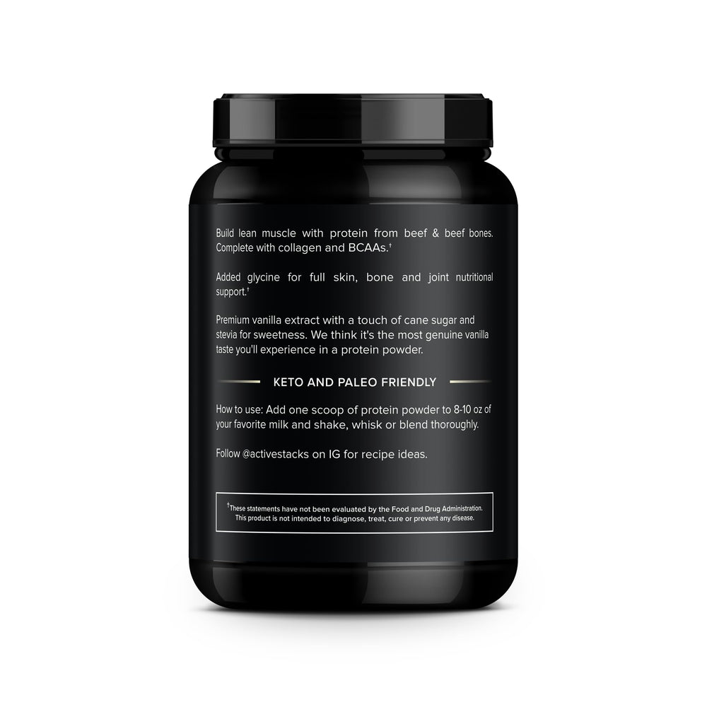 Active Stacks beef protein powder vanilla scoop—convenient for quick shakes and post-workout recovery.