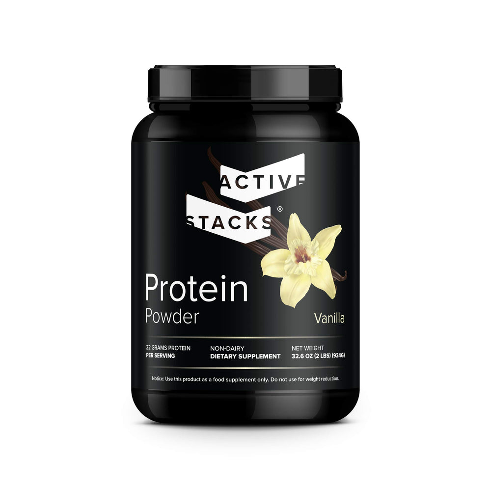 Active Stacks beef protein powder vanilla tub—dairy-free protein for keto meals and digestion.
