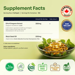 Close-up of oregano oil softgels