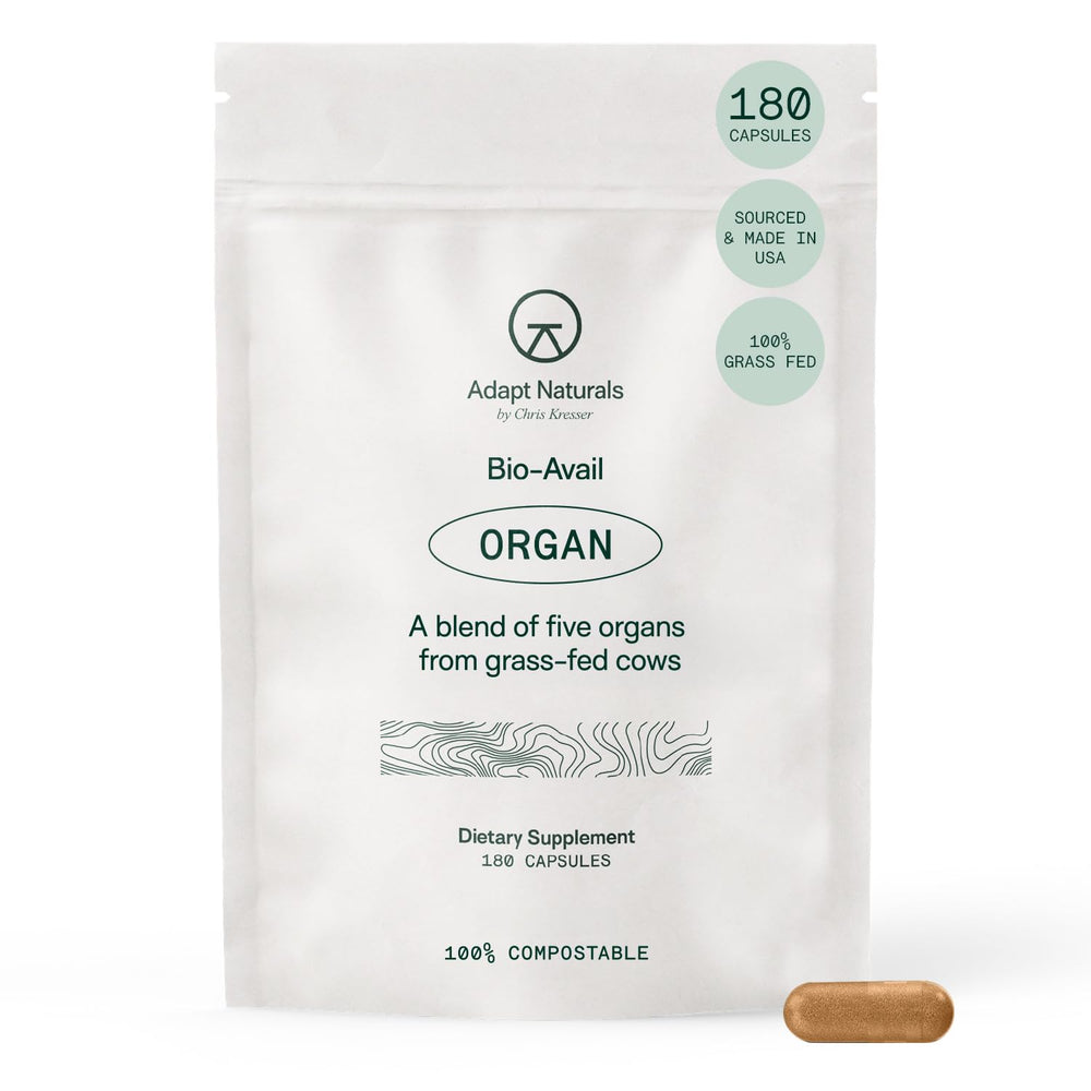 Adapt Naturals Organ Supplement bottle and capsules support daily energy and nutrient intake.