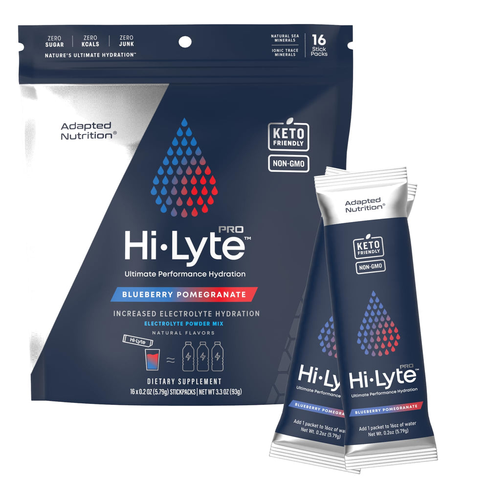 Adapted Nutrition Hi-Lyte Pro packets front view for on-the-go hydration with blueberry-pomegranate flavor.
