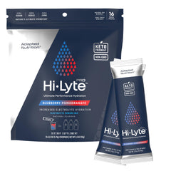 Adapted Nutrition Hi-Lyte Pro packets front view for on-the-go hydration with blueberry-pomegranate flavor.