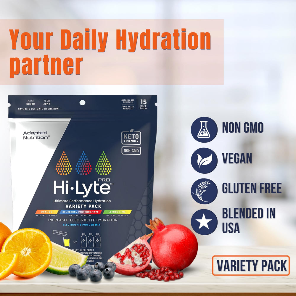 Hi-Lyte Pro variety pack front showing flavors and zero sugar benefits.