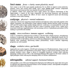 Ingredients label highlighting mushrooms and ashwagandha