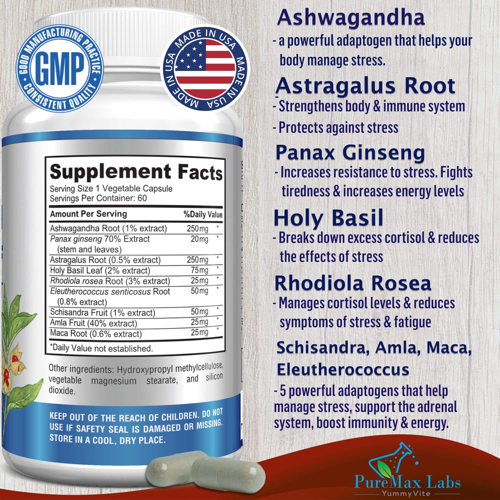 Close-up of herbal ingredients: Ashwagandha, Astragalus, Ginseng, Holy Basil