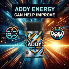 Addy Energy bottle label close-up shows ingredients for steady motivation.