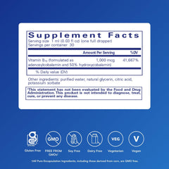 Close-up of Adenosyl and Hydroxocobalamin B12 liquid bottle