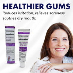 Two-pack 2.4 oz Adhesadent Moisturizing Denture Adhesive on countertop