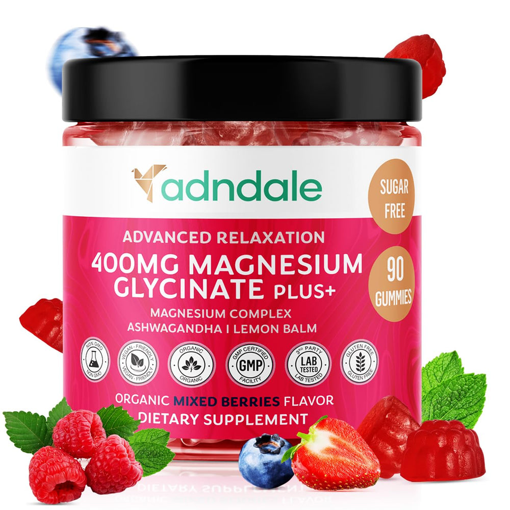 Front view of Adndale 90-count magnesium glycinate gummies with ashwagandha berry