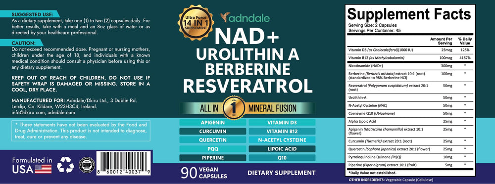 Ingredients label close-up of Adndale NAD+ Supplement