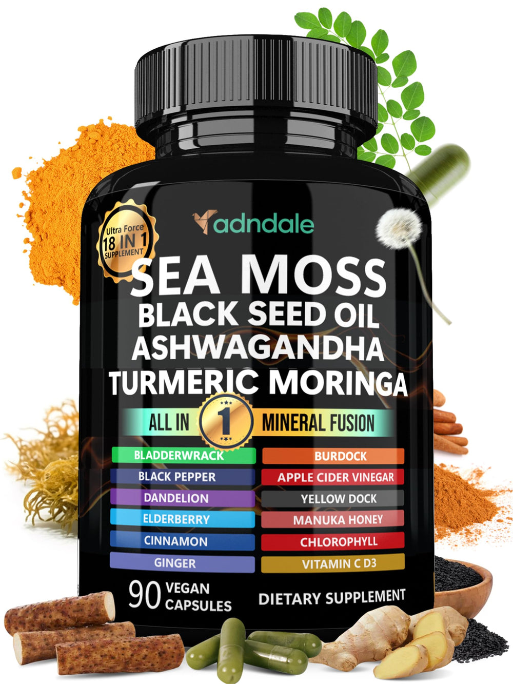 Bottle of Adndale Sea Moss capsules with black seed oil and ashwagandha