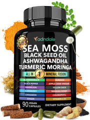 Bottle of Adndale Sea Moss capsules with black seed oil and ashwagandha