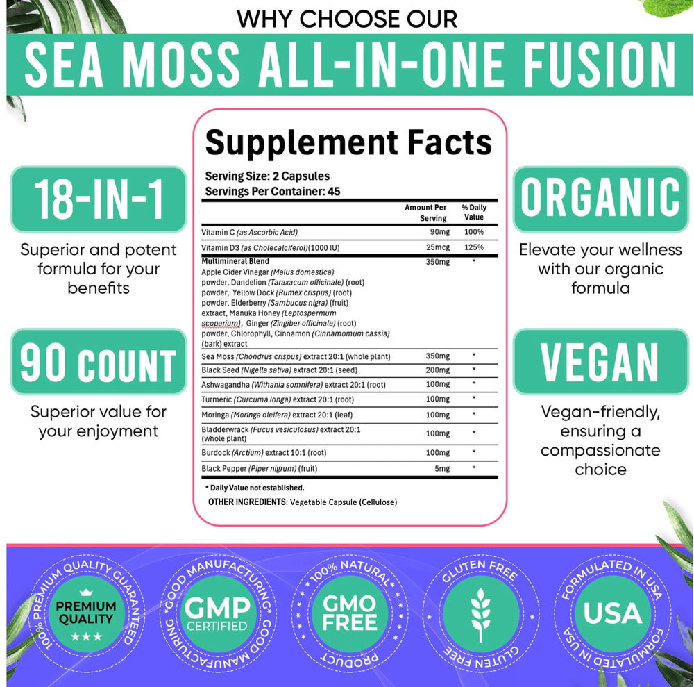 Sea moss capsules with bladderwrack and burdock root