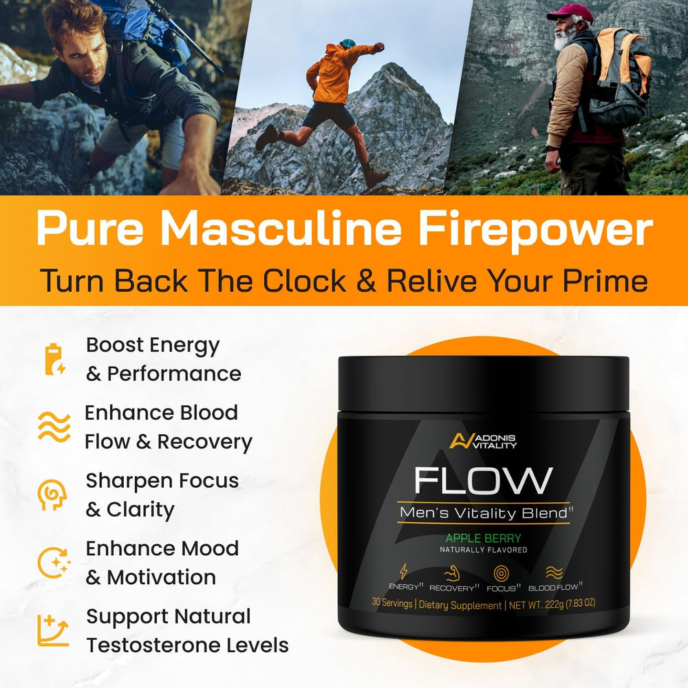 Adonis Flow ashwagandha and DIM highlight natural balance and focus support.