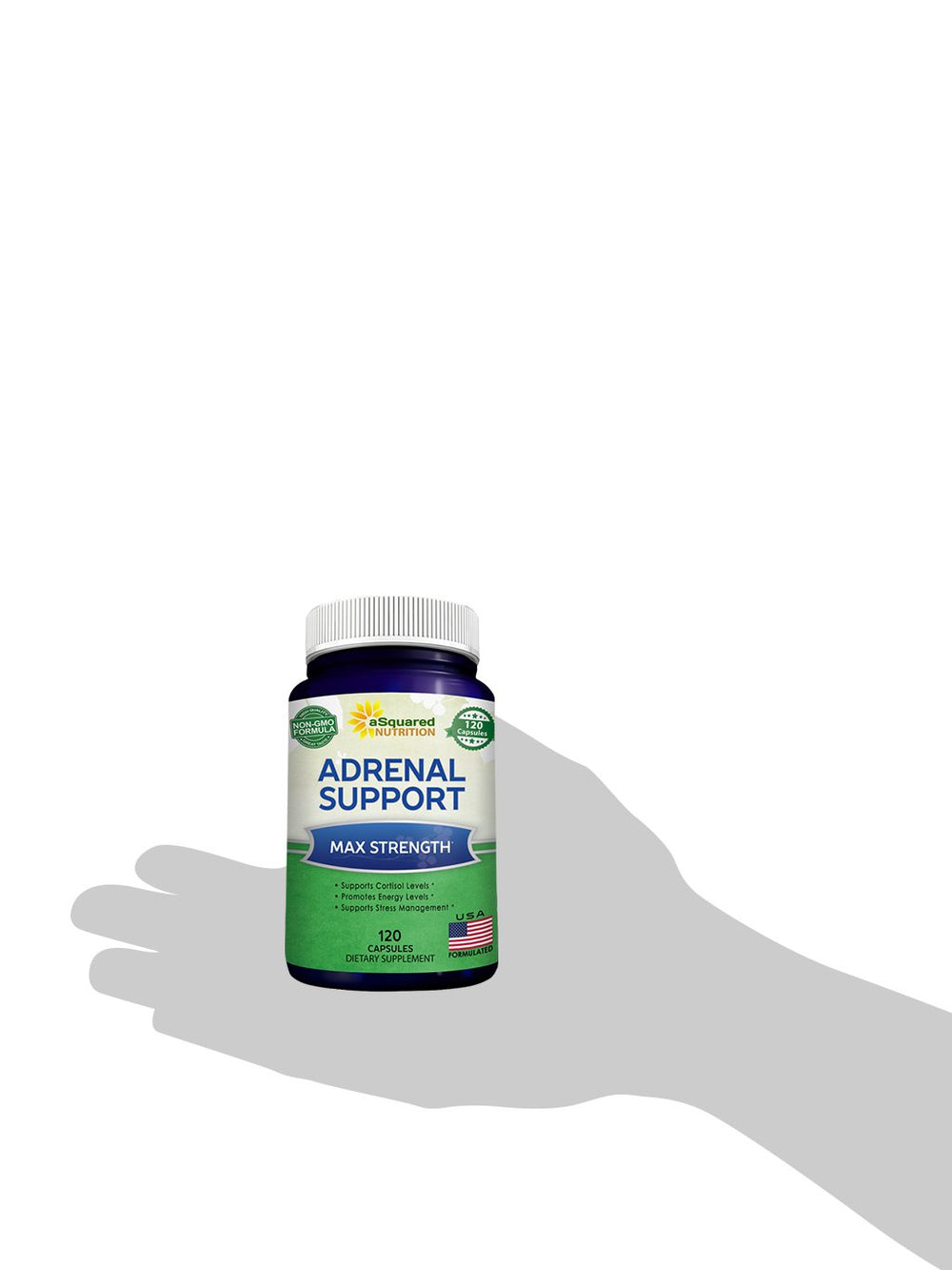 Packaging and label of aSquared Nutrition Adrenal Support bottle