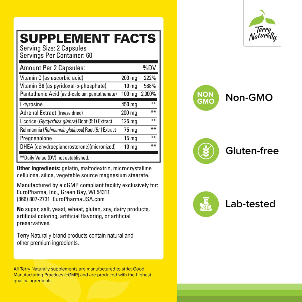Close-up of Adrenaplex label highlighting DHEA and L-Tyrosine