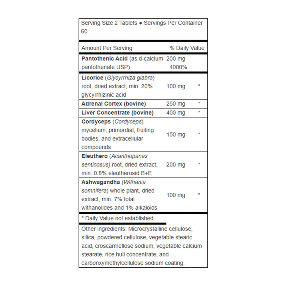 Bottle and capsules of Advanced Adrenal Factor on a clean surface