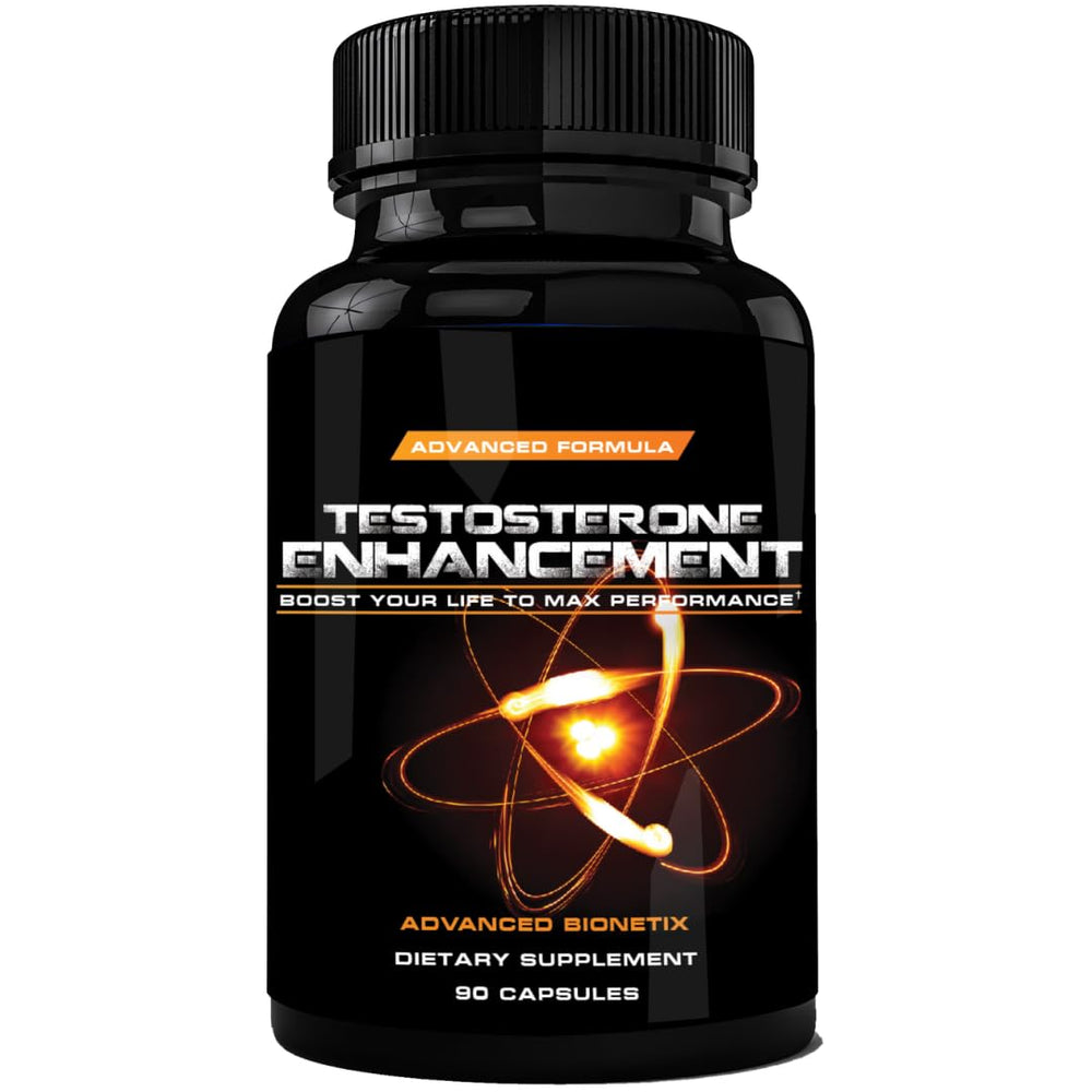 Advanced Bionetix testosterone booster bottle closeup showing energy support potential.