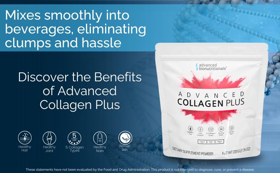 Nutrition label and scoop of Advanced Collagen Plus Powder