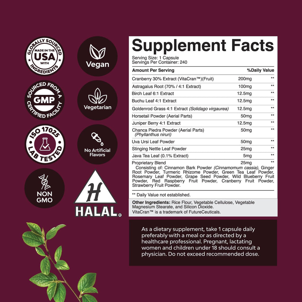 Close-up of cranberry extract and uva ursi herbs