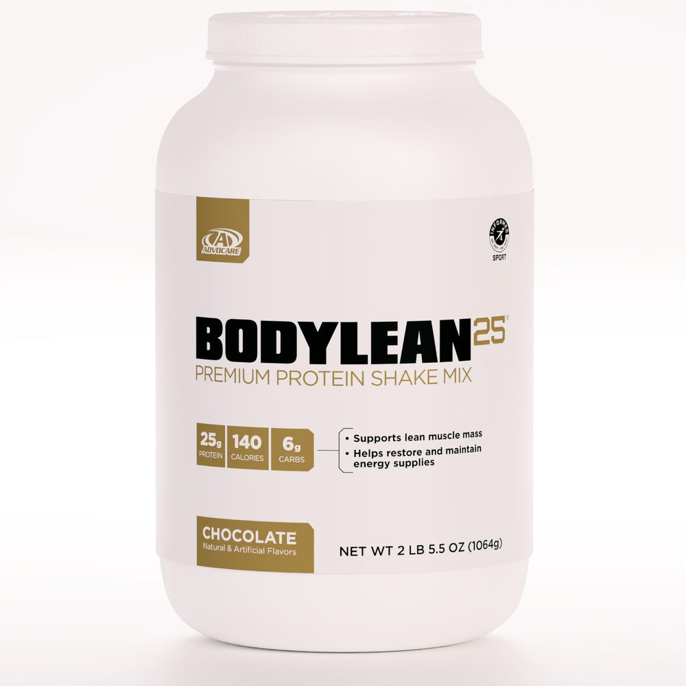 AdvoCare BodyLean25 tub front shows premium whey protein for lean muscle support