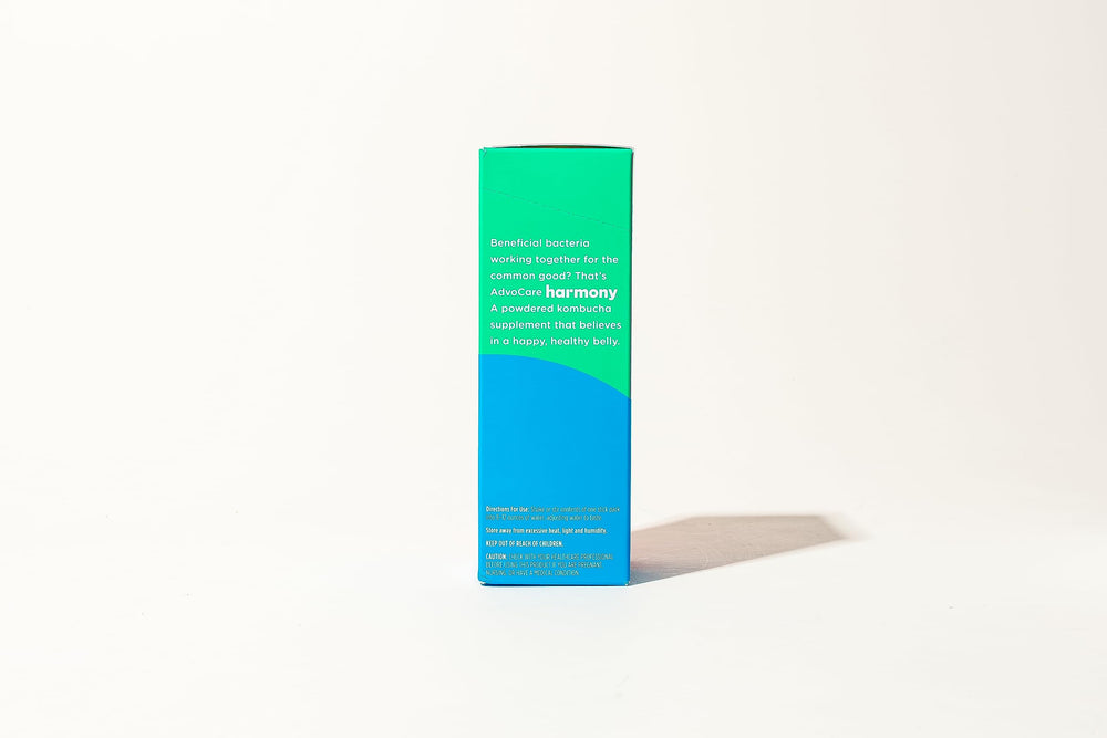 Harmony stick pack highlighting immune-support vitamins A, C, and E