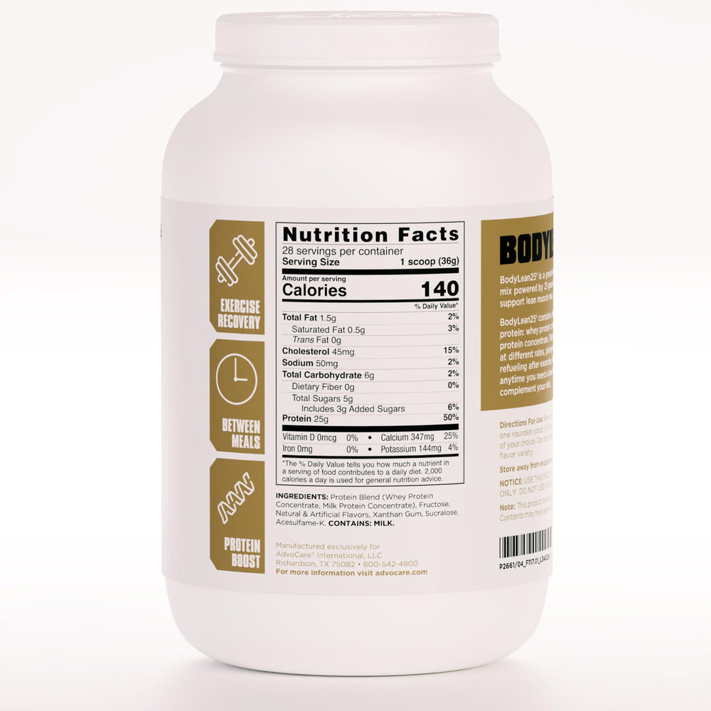 BodyLean25 nutrition label close-up showing 25 g protein per serving