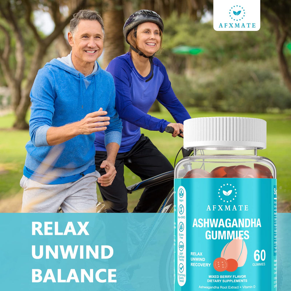 AFXMATE Ashwagandha Gummies 120 count label showing Non-GMO, Sugar Free, Gluten Free