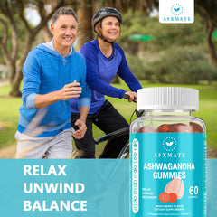 AFXMATE Ashwagandha Gummies 120 count label showing Non-GMO, Sugar Free, Gluten Free