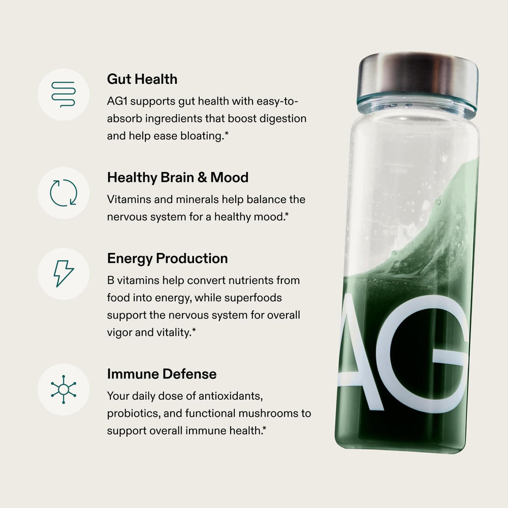 AG1 powder dissolves in liquid, supporting daily digestive comfort.